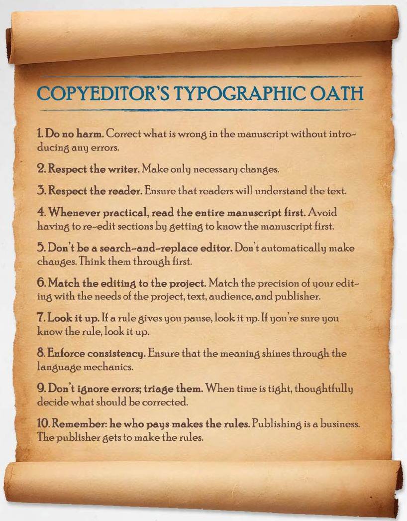 Copyeditor's Typographic Oath, with 10 rules to follow for copyediting