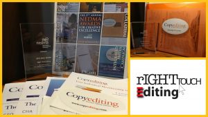 Collage of Copyediting Orgnaization Subscription package, NEDMA award, Right Touch Editing Award