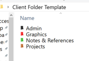 Screen shot of Windows folder called Client Folder Template with four folders within it