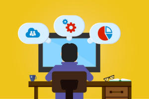 Illustration of black-haired person sitting at a computer monitor with thought bubbles with software icons in them
