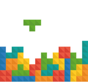 Tetris screen with several completed rows and a green t-shape descending