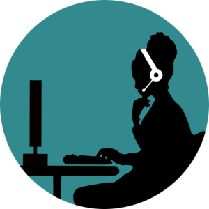 Silhouette of a woman seated at a computer with a headset on