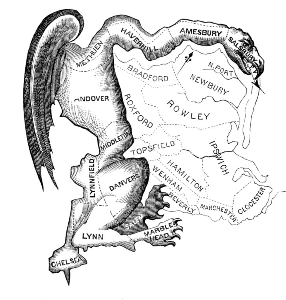 The Gerry-Mander by Elkanah Tisdale, 1812. The cartoon depicts Several Essex County, Massachusetts, cities and towns that were gerrymandered in 1812. The places are drawn to resemble a creature that looks somewhat like a salamander.