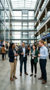 A diverse group of four professionals in corporate casual attire talking and smiling during an in-person networking event in a modern glass atrium.