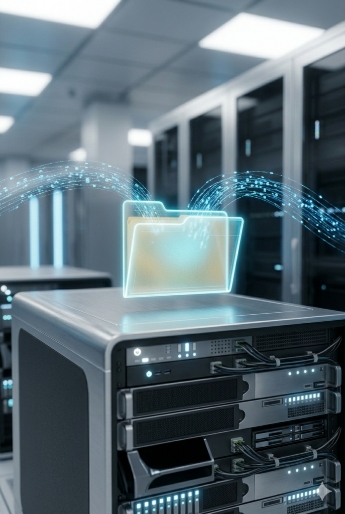 A vertical, sleek tech concept of digital file storage showing a glowing, semi-transparent holographic folder floating above a futuristic metallic server rack in a modern data center. Light streams representing data packets flow smoothly into the folder.